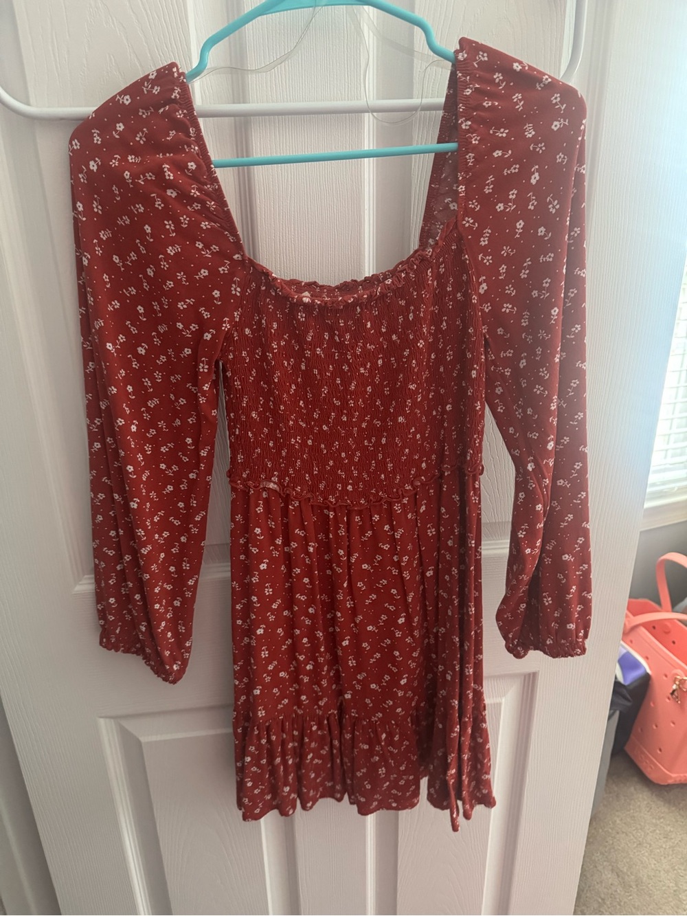 La Hearts Rust Red Floral Long Sleeve Smocked Dress